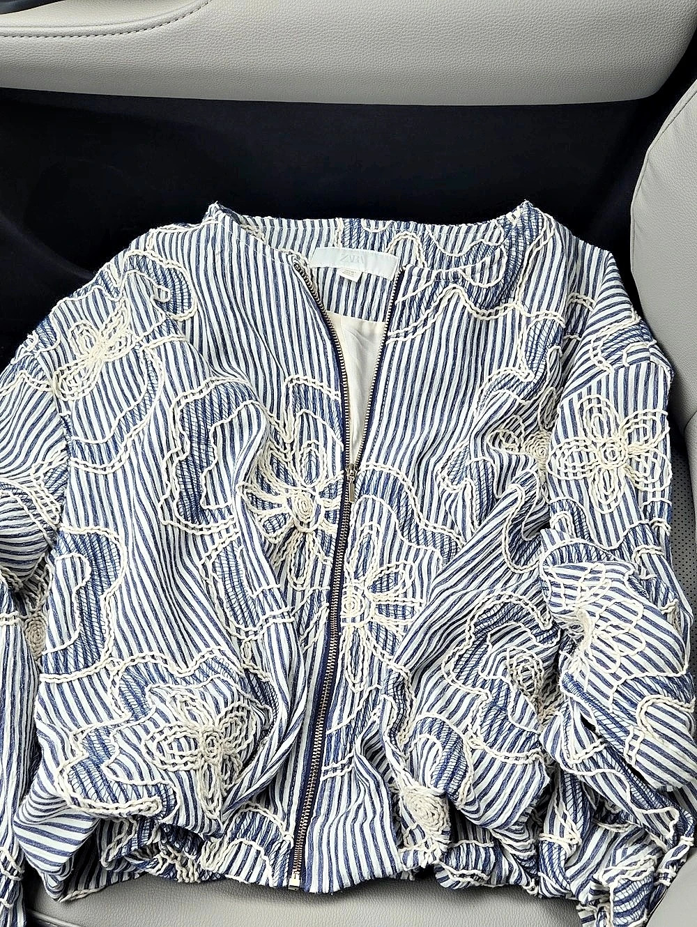Zara Striped Bomber Jacket in Blue & White